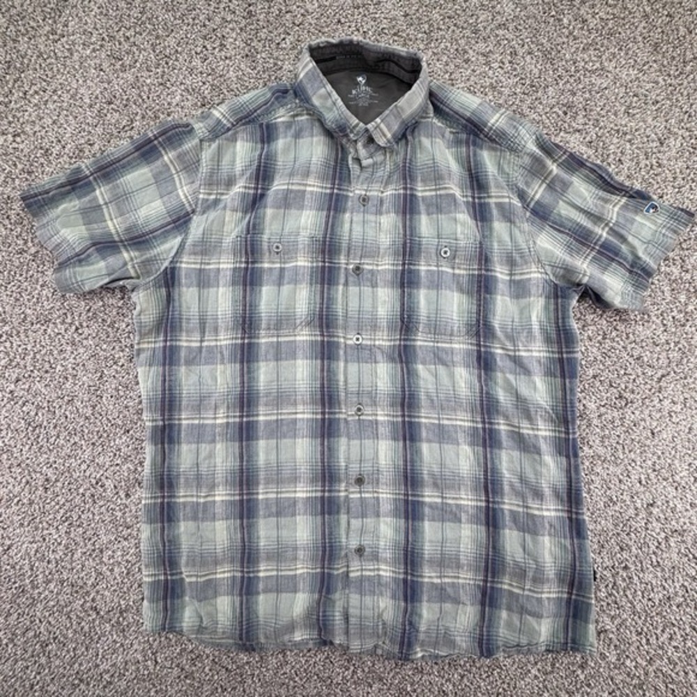 Kuhl‎ Mens Large Skorpio Tapered Fit Plaid Short Sleeve Linen Cotton Blend